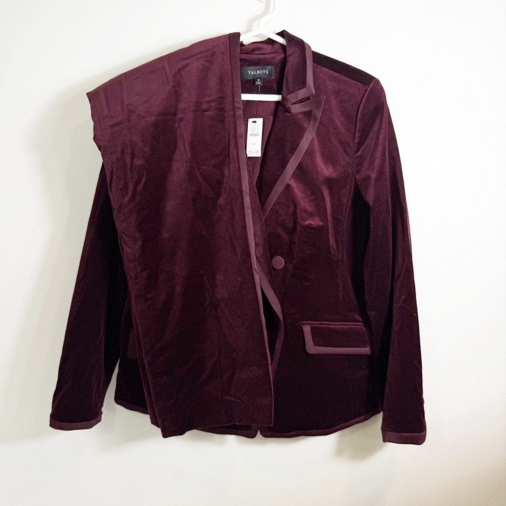 Talbots Pant Suit Women 8 10 Burgundy Velveteen Blazer Trousers Tuxedo Trim NWT